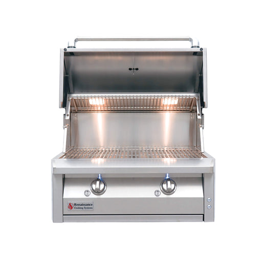 RCS American Renaissance 30-Inch Built-In Stainless Steel Gas Grill ARG30 with open hood,