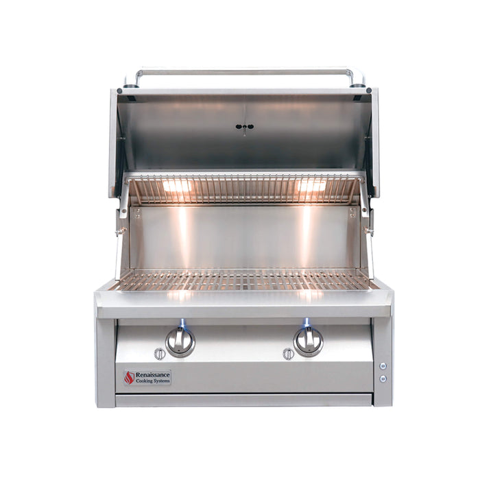 RCS American Renaissance 30-Inch Built-In Stainless Steel Gas Grill ARG30 with open hood,