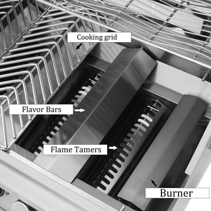 Diagram of a grill with labeled parts including cooking grid, flavor bars, flame tamers, and burner.