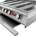 Stainless steel grill with red control knobs on a white background