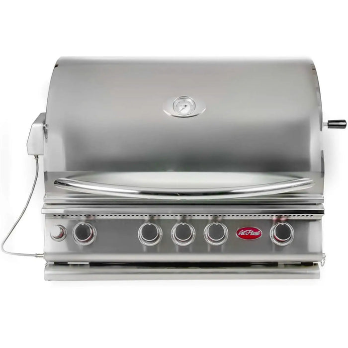 Stainless steel grill with brand logo on a white background