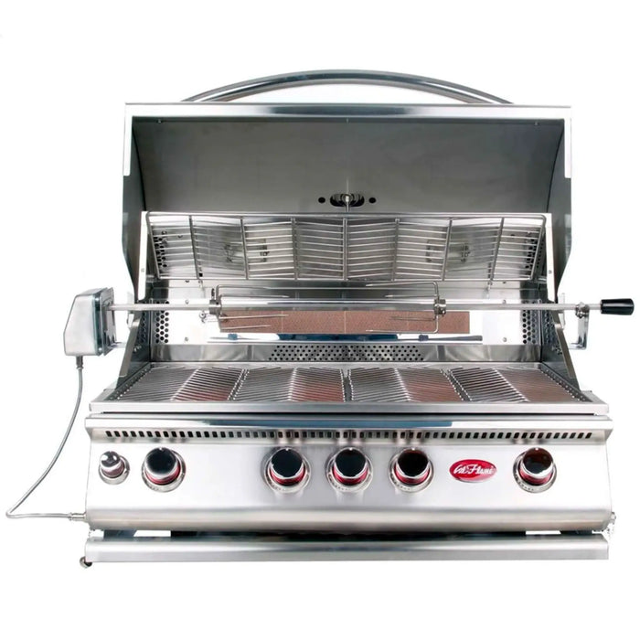 Stainless steel grill with brand logo on a white background