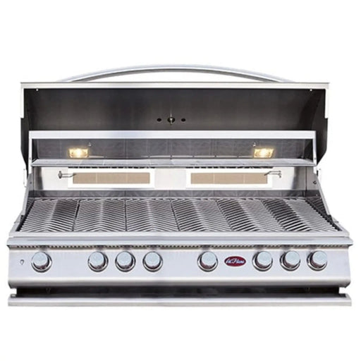  Built-in Cal Flame gas grill with six burners, rotisserie, and back burner, featuring a stainless steel construction and lighting on the control panel.