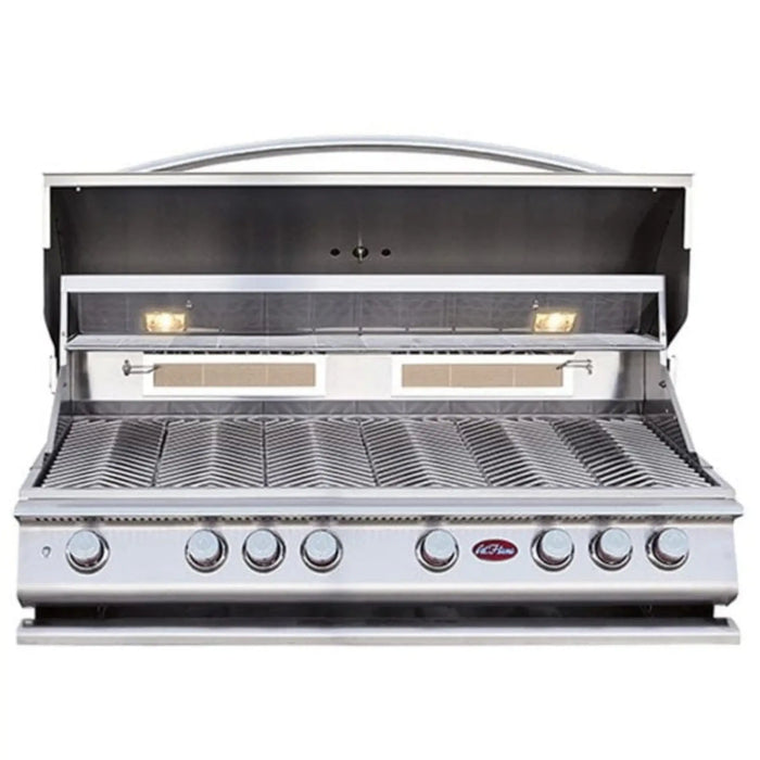  Built-in Cal Flame gas grill with six burners, rotisserie, and back burner, featuring a stainless steel construction and lighting on the control panel.