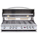  Built-in Cal Flame gas grill with six burners, rotisserie, and back burner, featuring a stainless steel construction and lighting on the control panel.