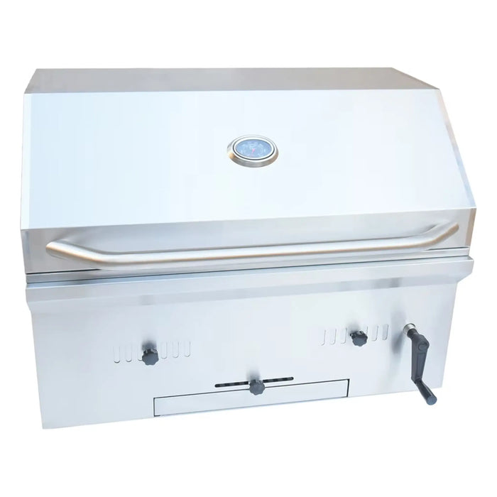 White outdoor grill with silver handle and control knobs on a white background