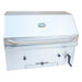 White outdoor grill with silver handle and control knobs on a white background