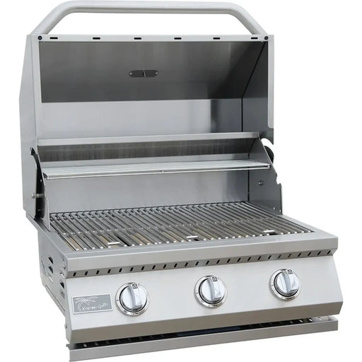 A built-in 26 inch 3 burner gas grill made of stainless steel, featuring control knobs on the front and a closed lid.