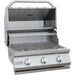 A built-in 26 inch 3 burner gas grill made of stainless steel, featuring control knobs on the front and a closed lid.