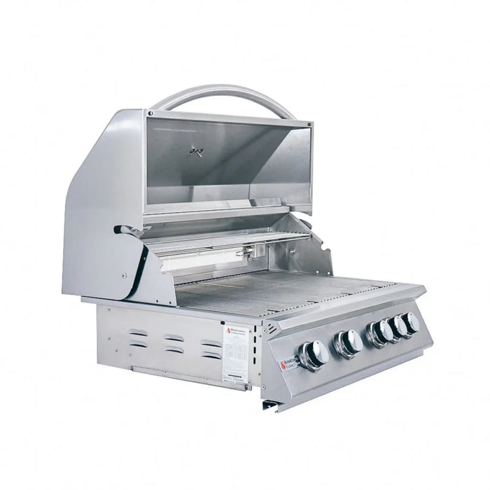 Stainless steel grill with four control knobs on a white background