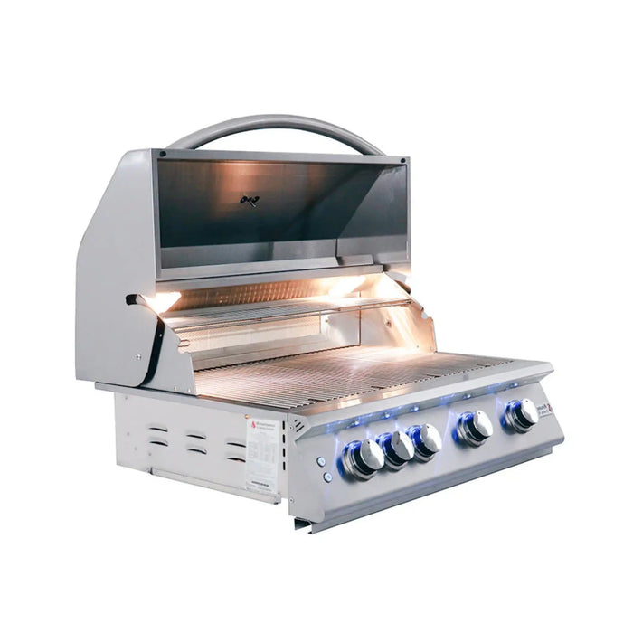 Stainless steel grill with four control knobs on a white background