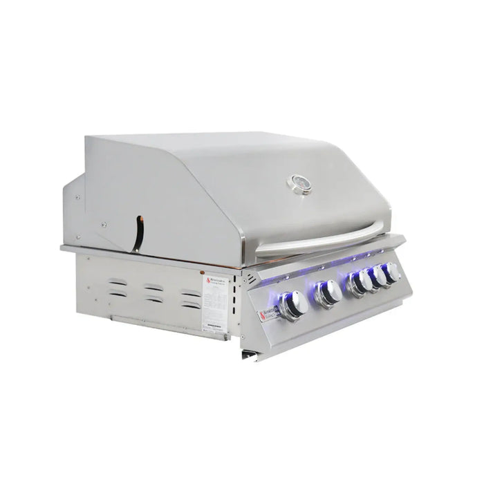 Stainless steel grill with four control knobs on a white background