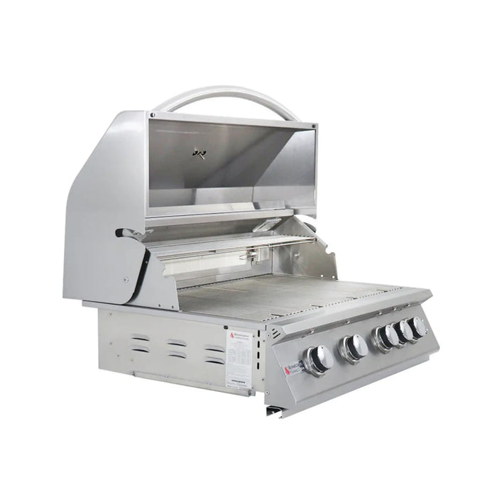 Stainless steel grill with multiple burners on a white background