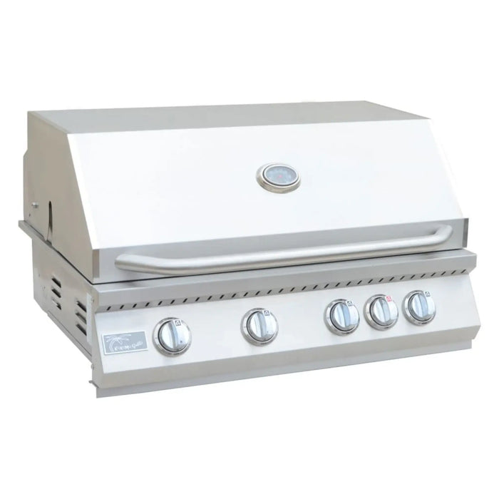 Stainless steel grill with five control knobs on a white background
