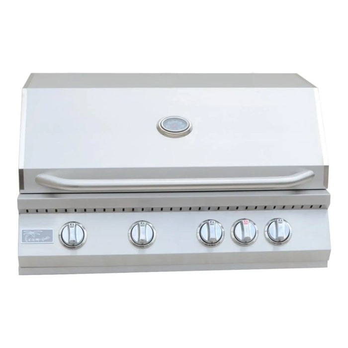 Stainless steel grill with control knobs on a white background