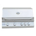 Stainless steel grill with control knobs on a white background