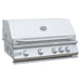 Stainless steel grill with five control knobs on a white background