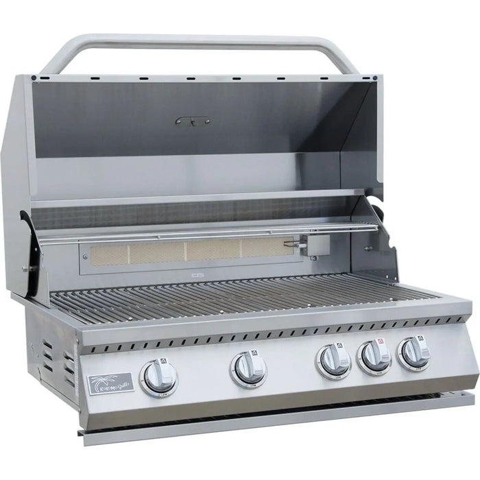 Stainless steel grill with four control knobs on a white background