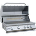 Stainless steel grill with four control knobs on a white background